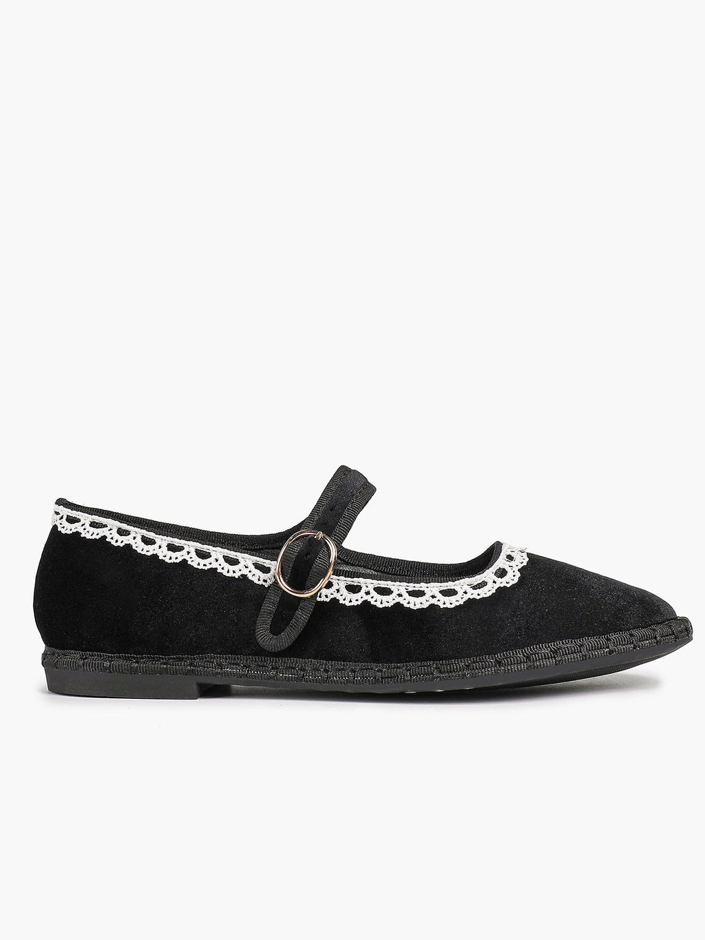 Black Velvet Mary White Lace Trim Jane Flats Pointed Toe Vintage Ballerinas Slip-On Shoes ISHIFIVAN