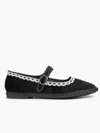Black Velvet Mary White Lace Trim Jane Flats Pointed Toe Vintage Ballerinas Slip-On Shoes ISHIFIVAN