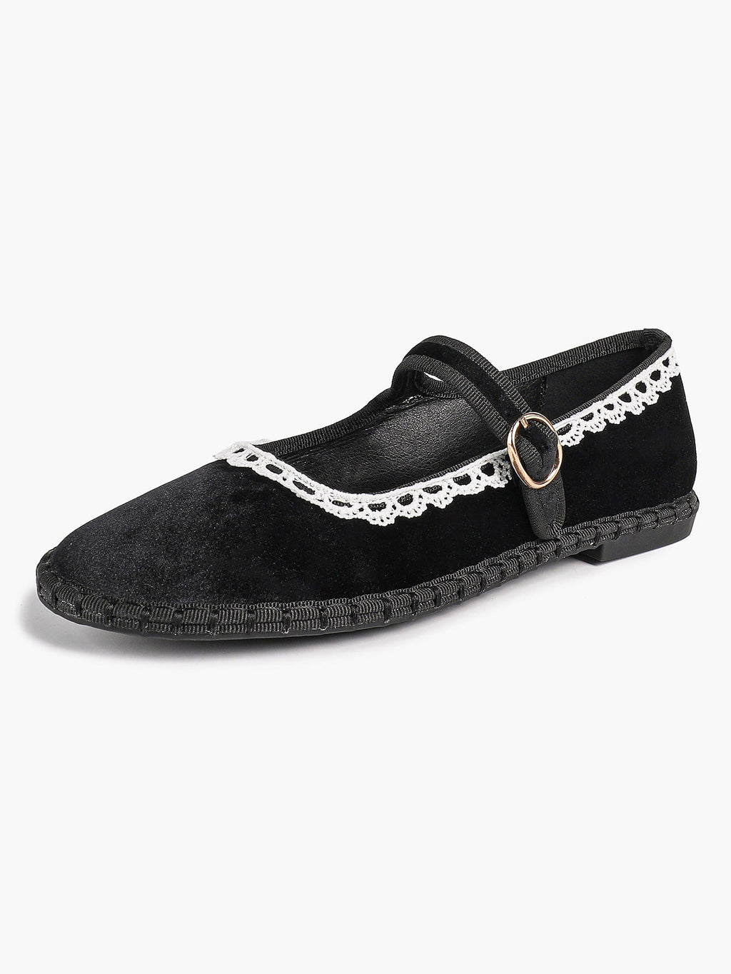 Black Velvet Mary White Lace Trim Jane Flats Pointed Toe Vintage Ballerinas Slip-On Shoes ISHIFIVAN