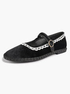 Black Velvet Mary White Lace Trim Jane Flats Pointed Toe Vintage Ballerinas Slip-On Shoes ISHIFIVAN