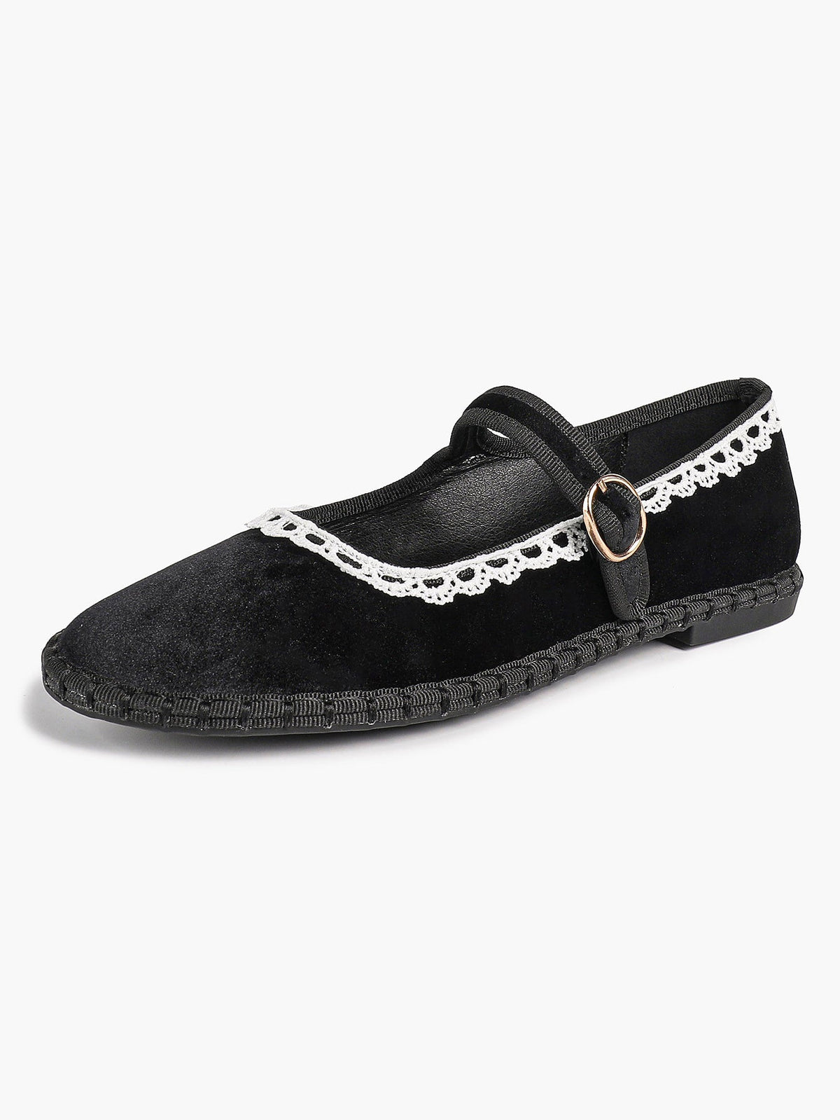 Black Velvet Mary White Lace Trim Jane Flats Pointed Toe Vintage Ballerinas Slip-On Shoes ISHIFIVAN