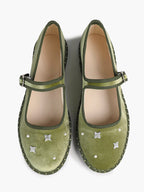 Olive Green Velvet Retro Chinese Style Mary Jane Flats with Star Rhinestone Pearl ISHIFIVAN