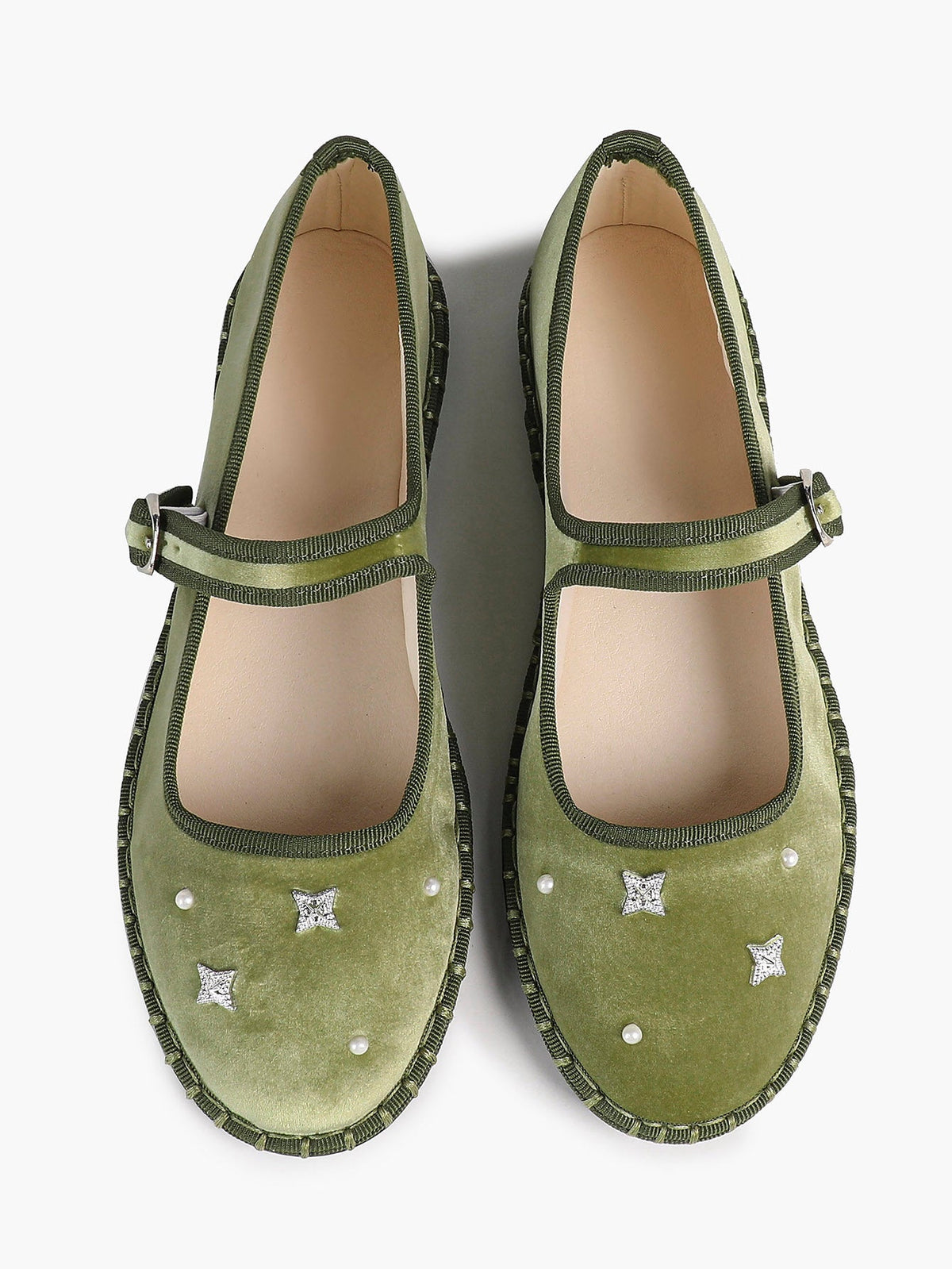 Olive Green Velvet Retro Chinese Style Mary Jane Flats with Star Rhinestone Pearl ISHIFIVAN