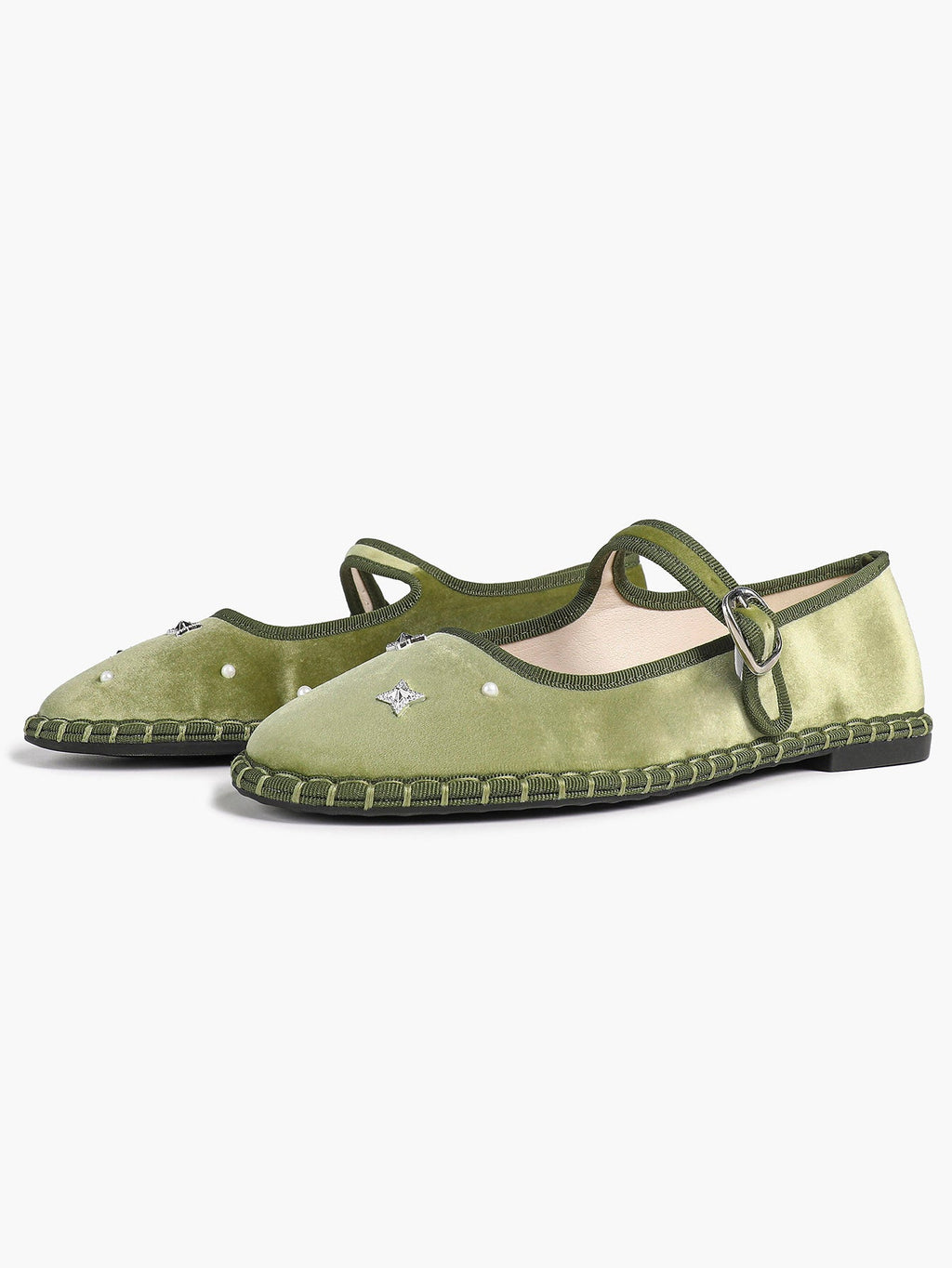Olive Green Velvet Retro Chinese Style Mary Jane Flats with Star Rhinestone Pearl ISHIFIVAN