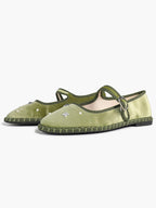Olive Green Velvet Retro Chinese Style Mary Jane Flats with Star Rhinestone Pearl ISHIFIVAN