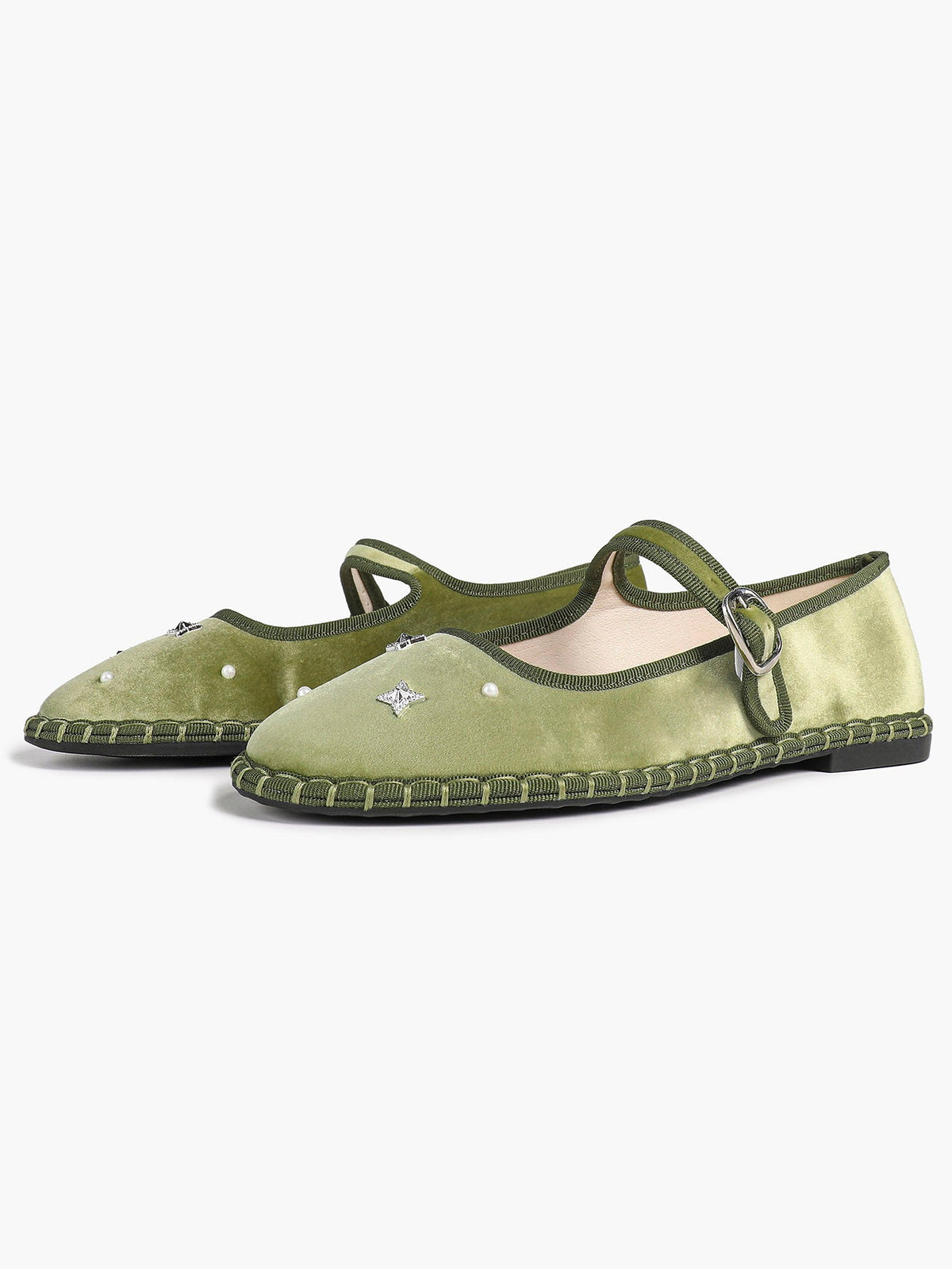 Olive Green Velvet Retro Chinese Style Mary Jane Flats with Star Rhinestone Pearl ISHIFIVAN