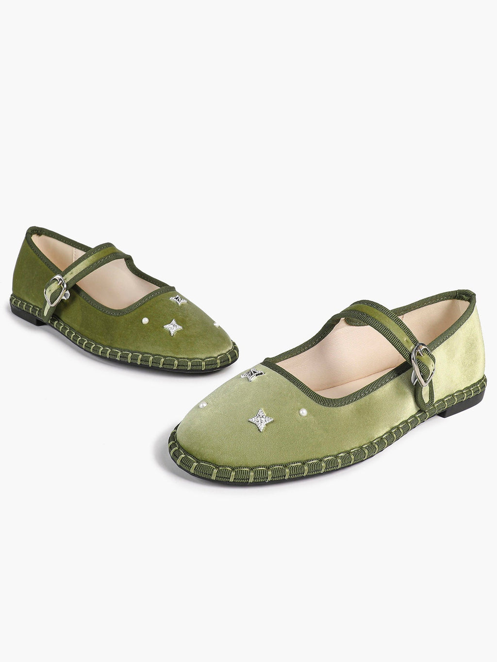 Olive Green Velvet Retro Chinese Style Mary Jane Flats with Star Rhinestone Pearl ISHIFIVAN