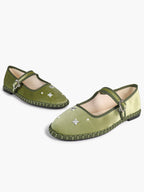 Olive Green Velvet Retro Chinese Style Mary Jane Flats with Star Rhinestone Pearl ISHIFIVAN