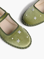 Olive Green Velvet Retro Chinese Style Mary Jane Flats with Star Rhinestone Pearl ISHIFIVAN