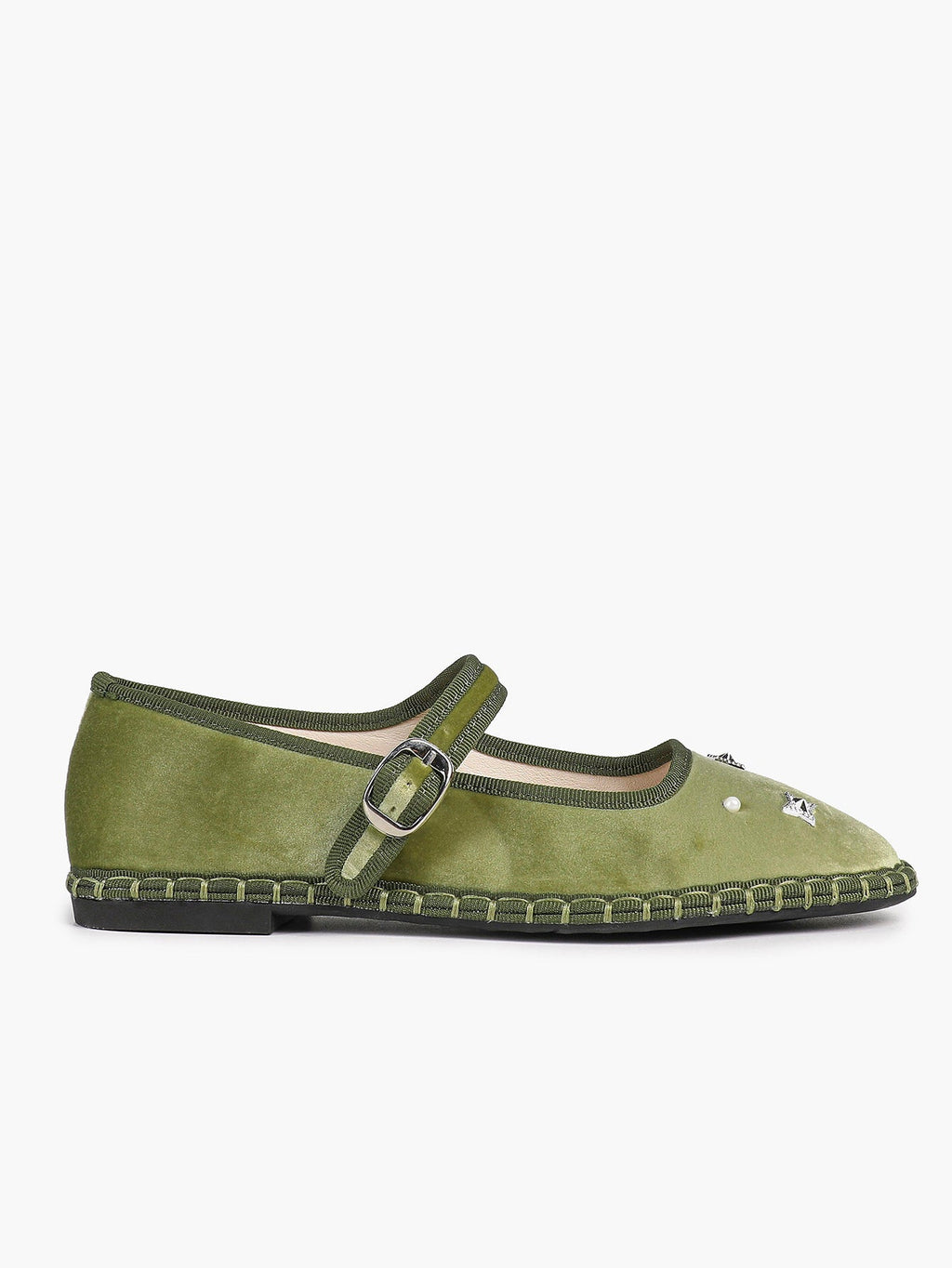 Olive Green Velvet Retro Chinese Style Mary Jane Flats with Star Rhinestone Pearl ISHIFIVAN