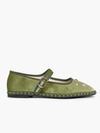 Olive Green Velvet Retro Chinese Style Mary Jane Flats with Star Rhinestone Pearl ISHIFIVAN