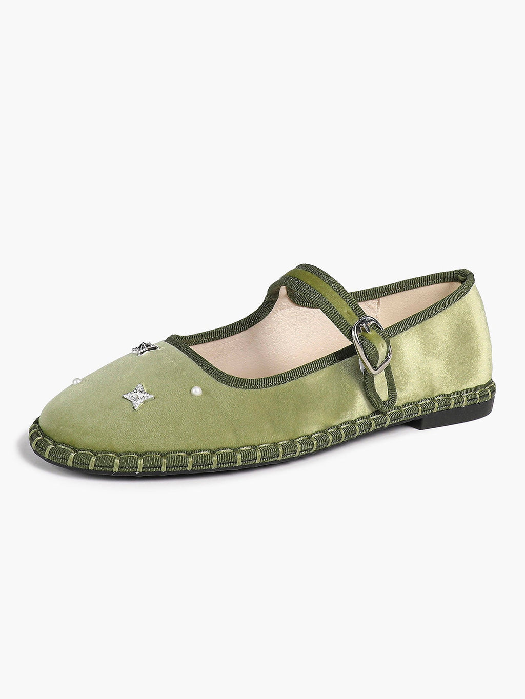 Olive Green Velvet Retro Chinese Style Mary Jane Flats with Star Rhinestone Pearl ISHIFIVAN