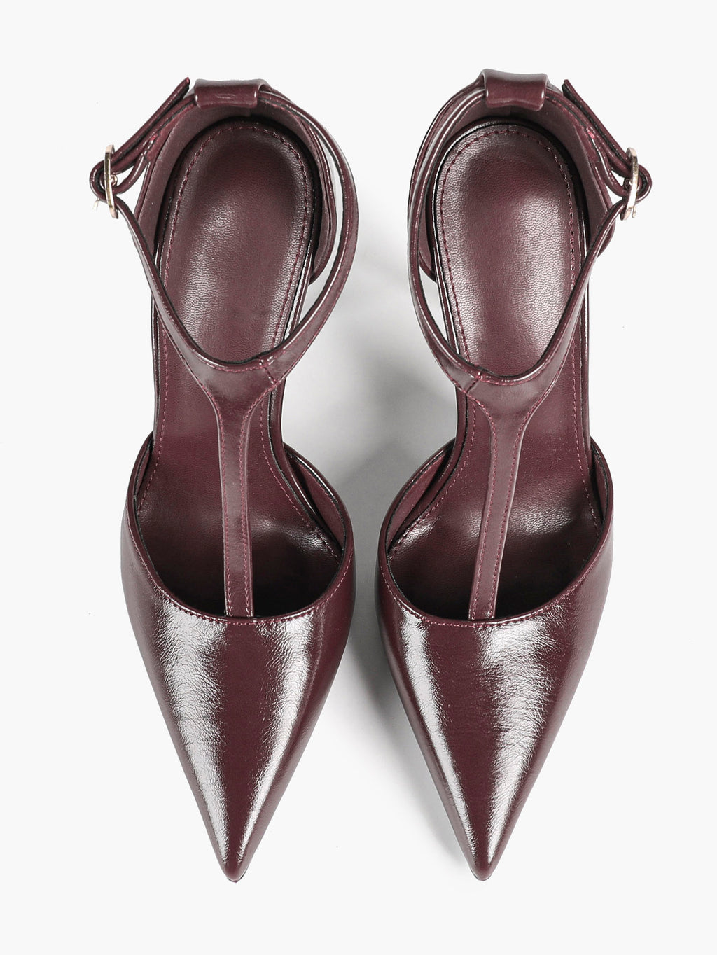 Brown Patent Leather Pointed Toe T-Strap Stiletto Heels Office Evening Pumps
