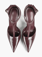 Brown Patent Leather Pointed Toe T-Strap Stiletto Heels Office Evening Pumps