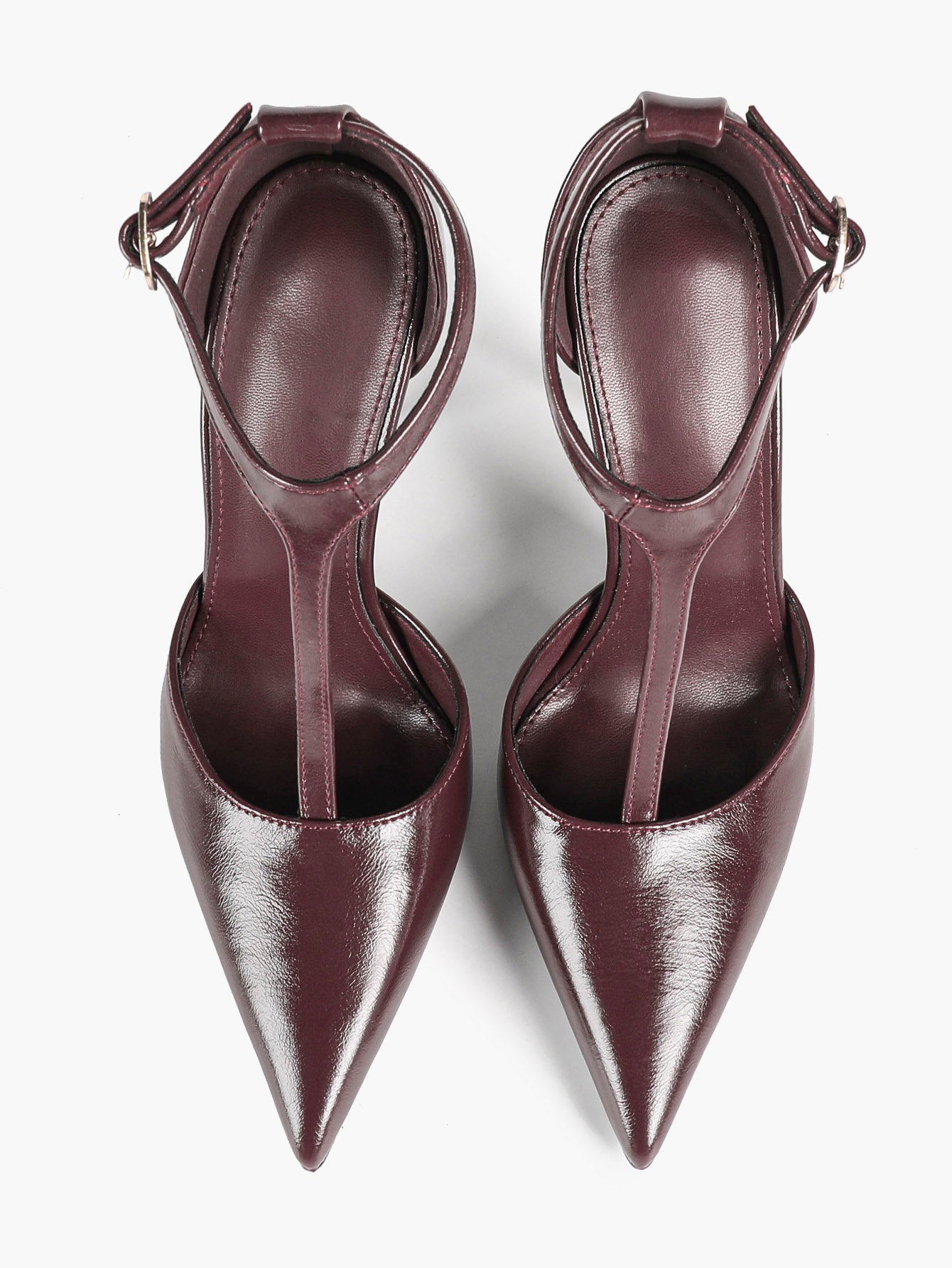 Brown Patent Leather Pointed Toe T-Strap Stiletto Heels Office Evening Pumps