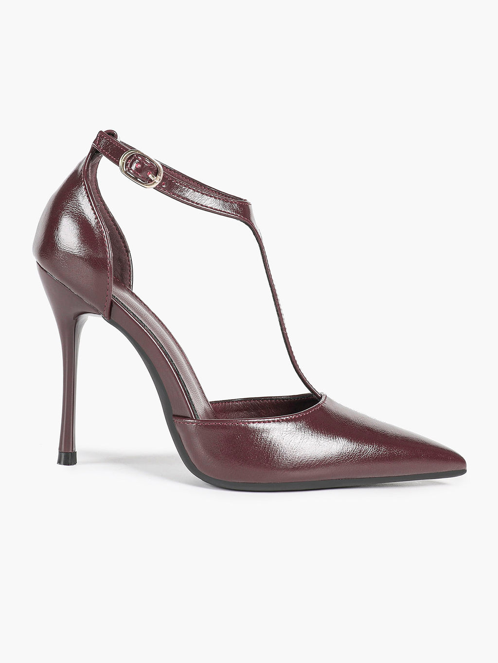 Brown Patent Leather Pointed Toe T-Strap Stiletto Heels Office Evening Pumps