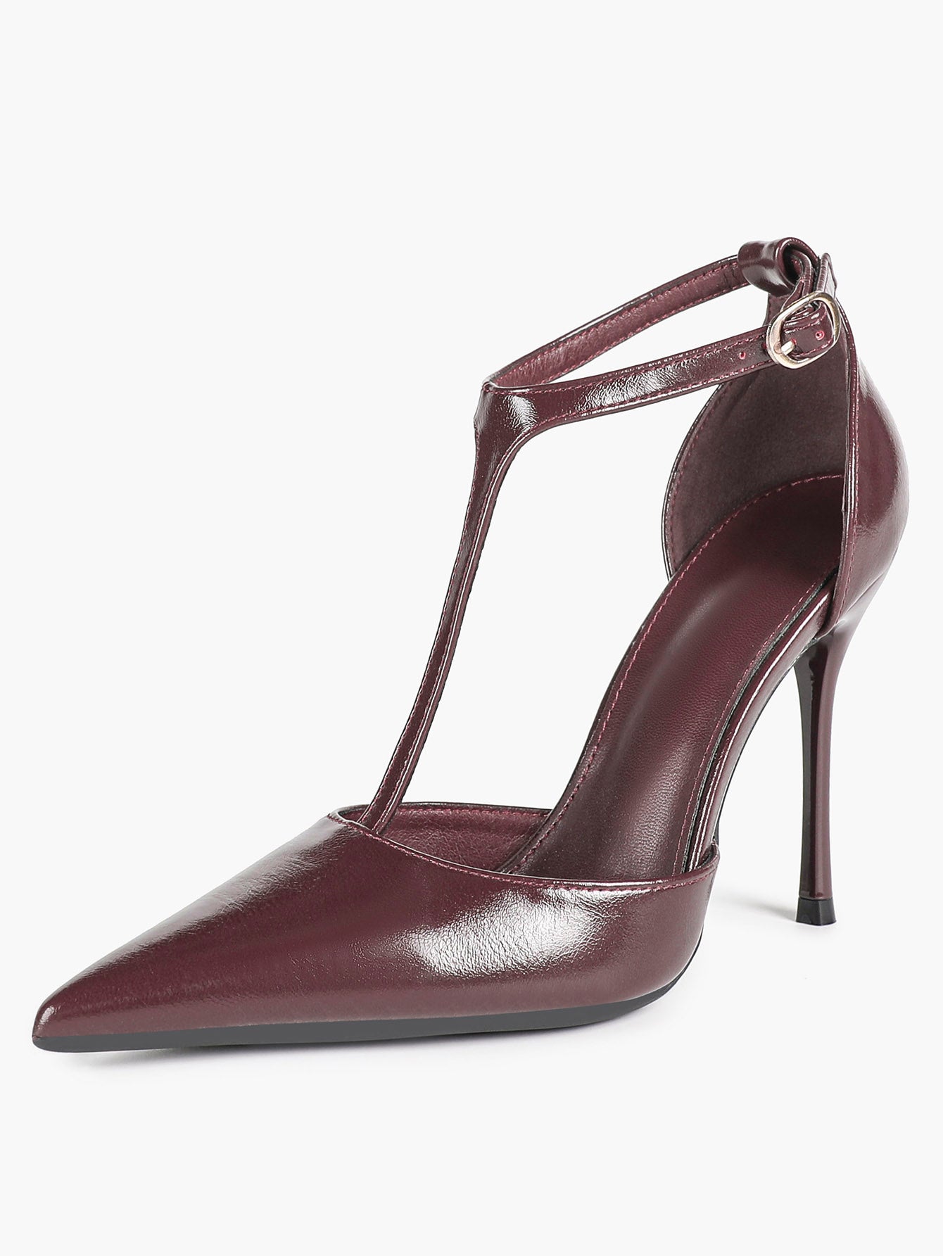 Brown Patent Leather Pointed Toe T-Strap Stiletto Heels Office Evening Pumps