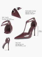Brown Patent Leather Pointed Toe T-Strap Stiletto Heels Office Evening Pumps