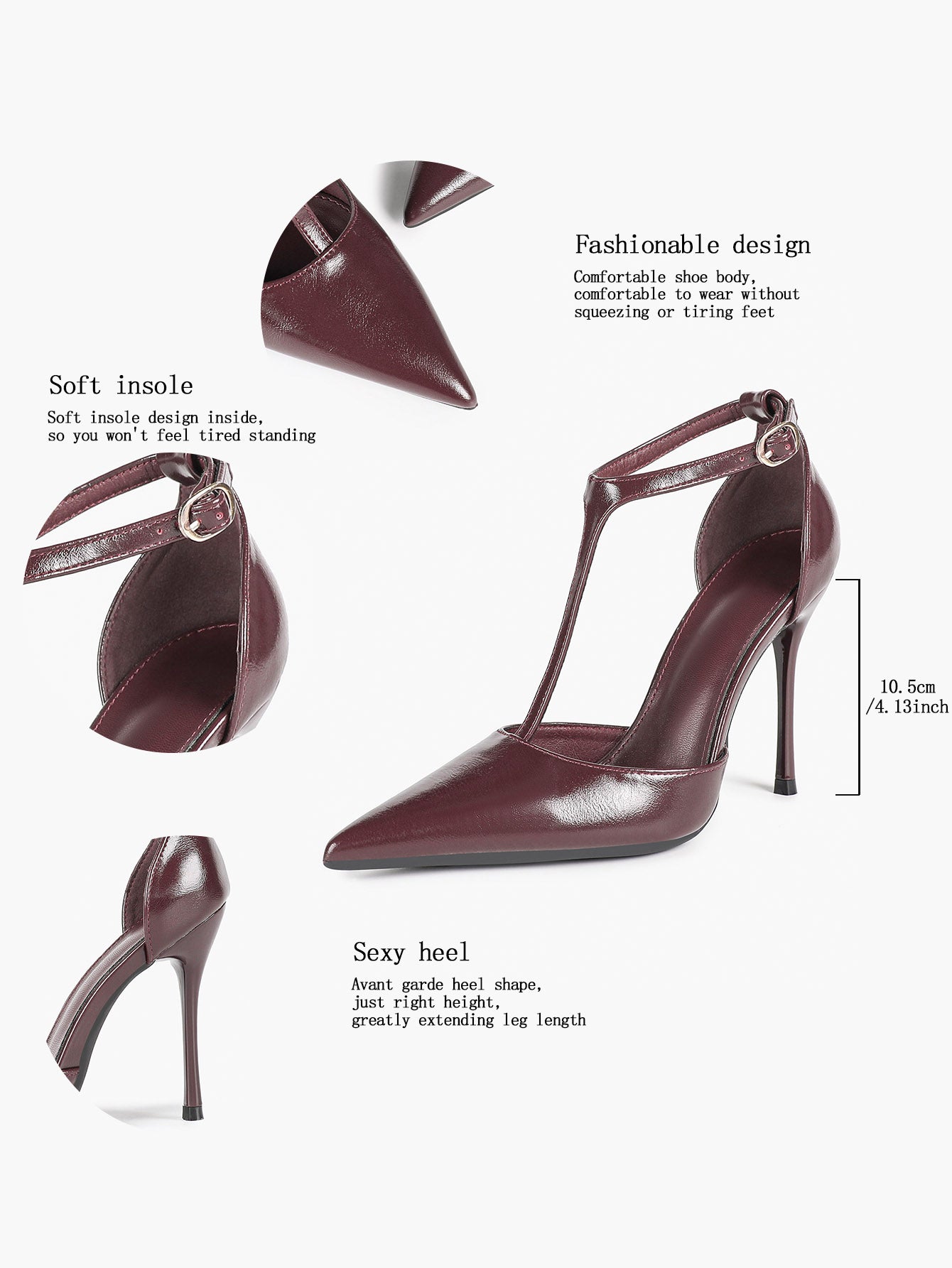 Brown Patent Leather Pointed Toe T-Strap Stiletto Heels Office Evening Pumps