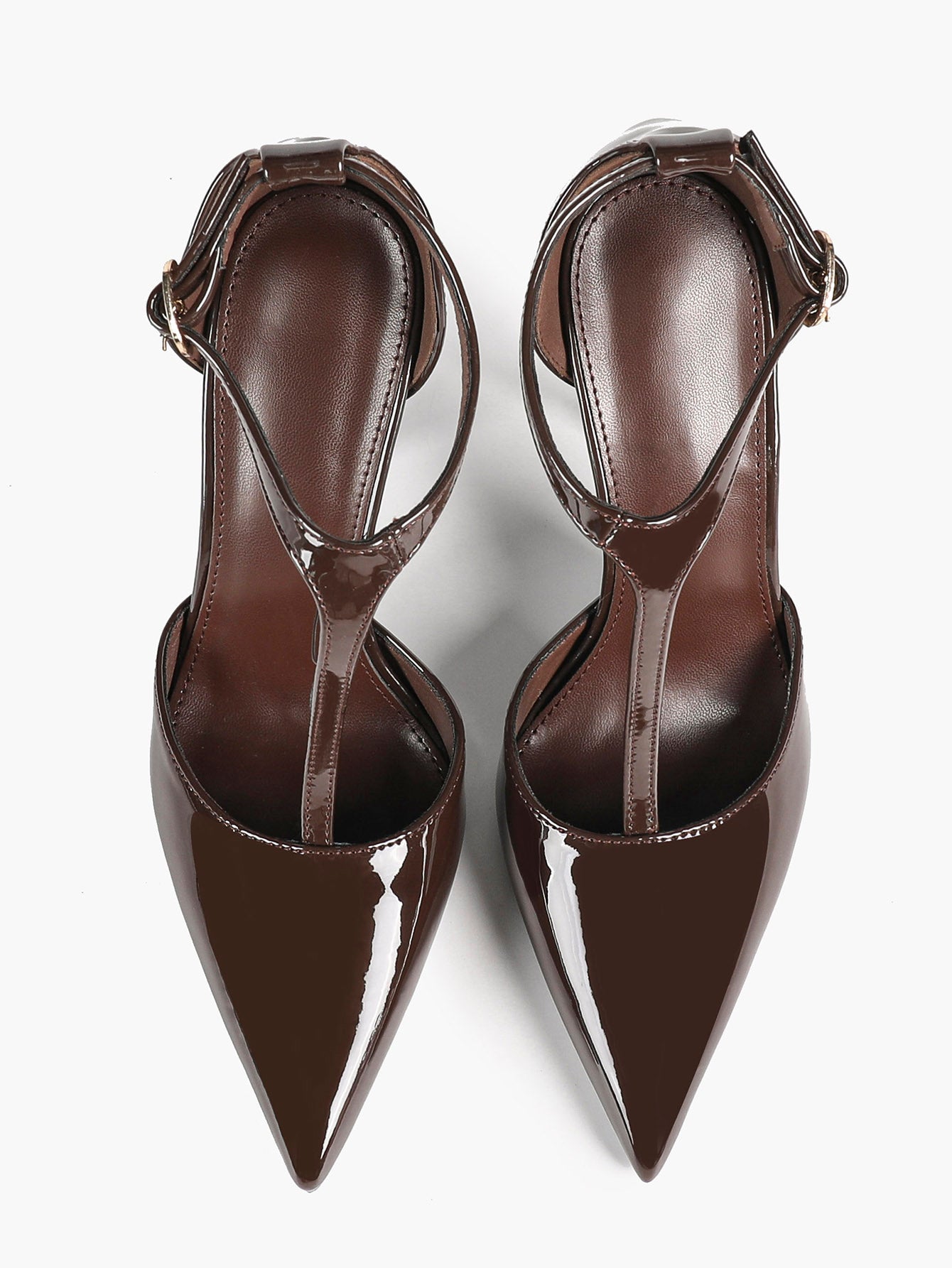 Brown Patent Leather Pointed Toe T-Strap Stiletto Heels Office Evening Pumps