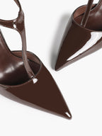 Brown Patent Leather Pointed Toe T-Strap Stiletto Heels Office Evening Pumps