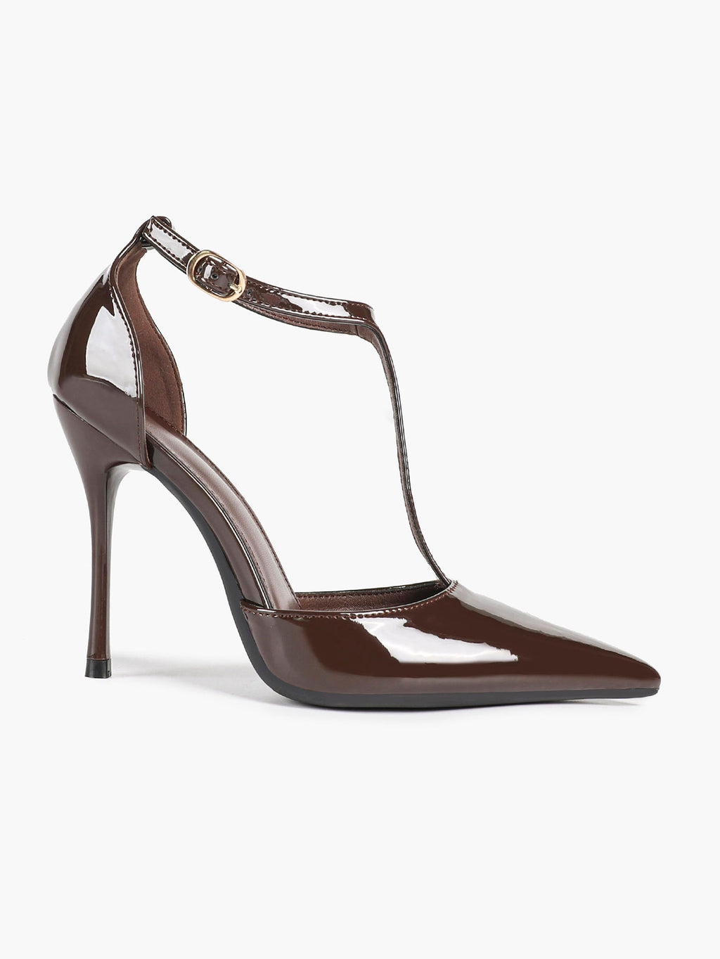 Brown Patent Leather Pointed Toe T-Strap Stiletto Heels Office Evening Pumps