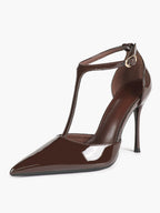Brown Patent Leather Pointed Toe T-Strap Stiletto Heels Office Evening Pumps