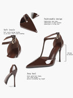 Brown Patent Leather Pointed Toe T-Strap Stiletto Heels Office Evening Pumps