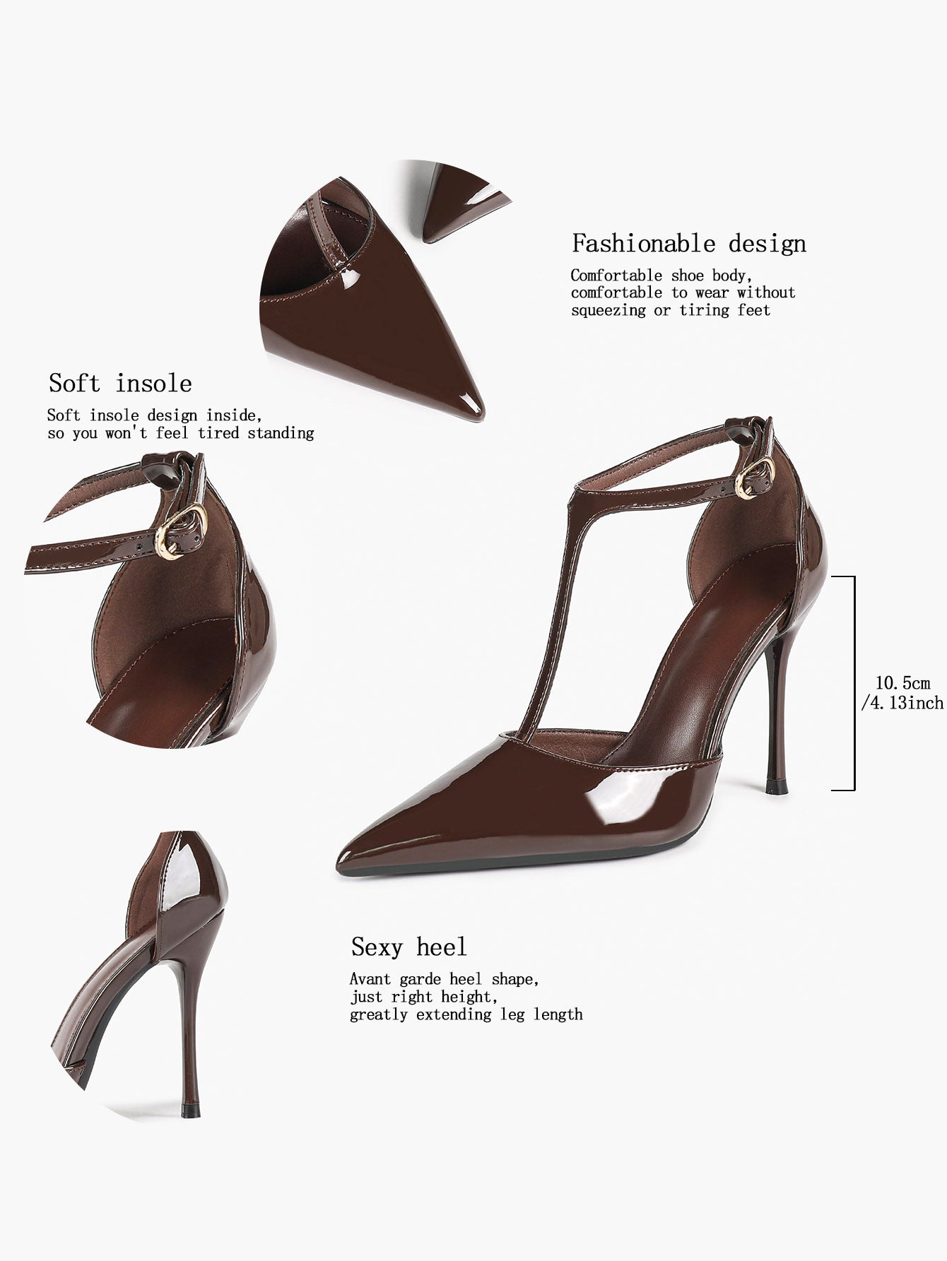 Brown Patent Leather Pointed Toe T-Strap Stiletto Heels Office Evening Pumps