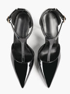 Brown Patent Leather Pointed Toe T-Strap Stiletto Heels Office Evening Pumps