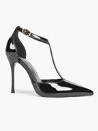 Brown Patent Leather Pointed Toe T-Strap Stiletto Heels Office Evening Pumps