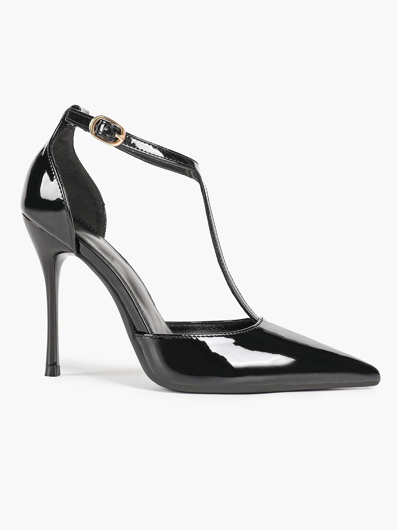 Brown Patent Leather Pointed Toe T-Strap Stiletto Heels Office Evening Pumps