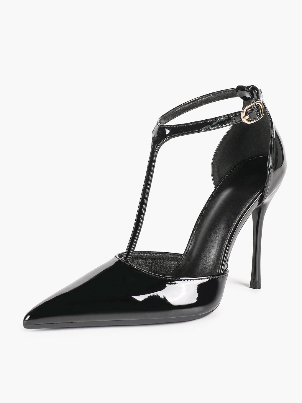 Brown Patent Leather Pointed Toe T-Strap Stiletto Heels Office Evening Pumps