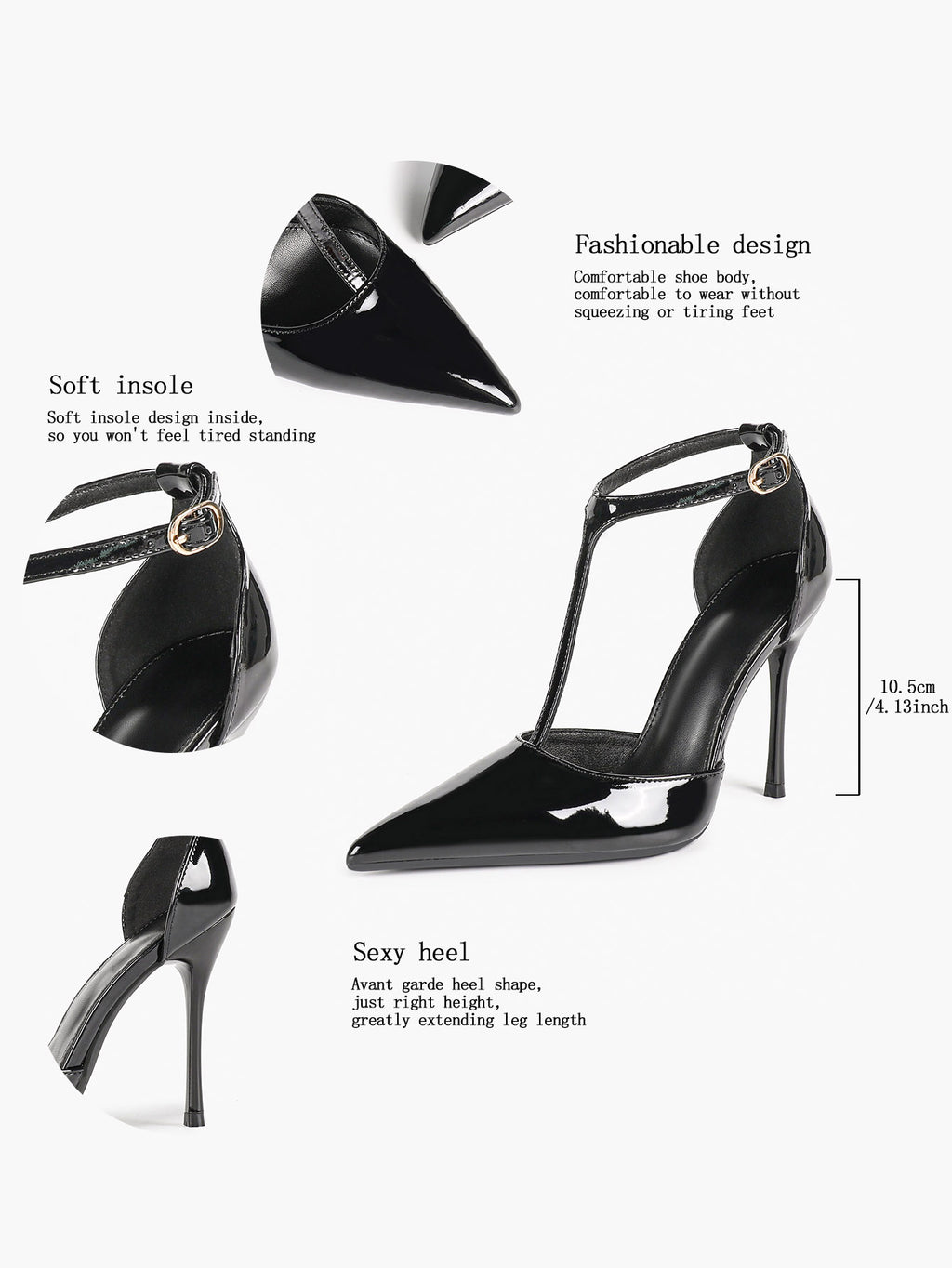 Brown Patent Leather Pointed Toe T-Strap Stiletto Heels Office Evening Pumps