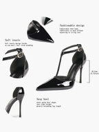 Brown Patent Leather Pointed Toe T-Strap Stiletto Heels Office Evening Pumps