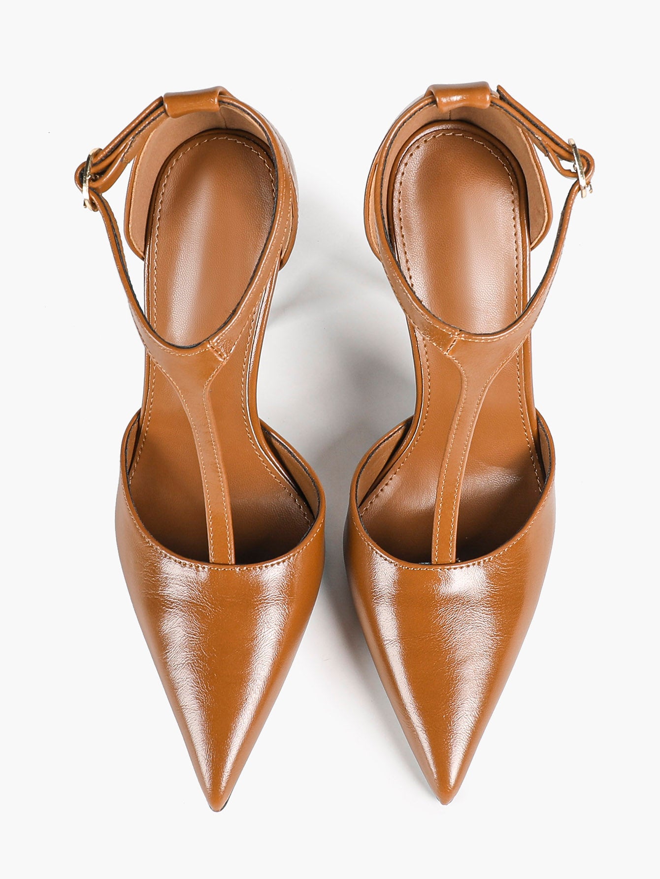 Brown Patent Leather Pointed Toe T-Strap Stiletto Heels Office Evening Pumps