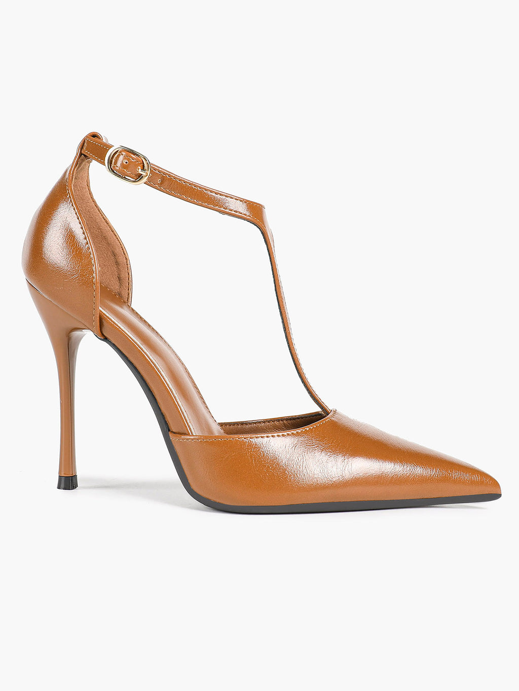 Brown Patent Leather Pointed Toe T-Strap Stiletto Heels Office Evening Pumps