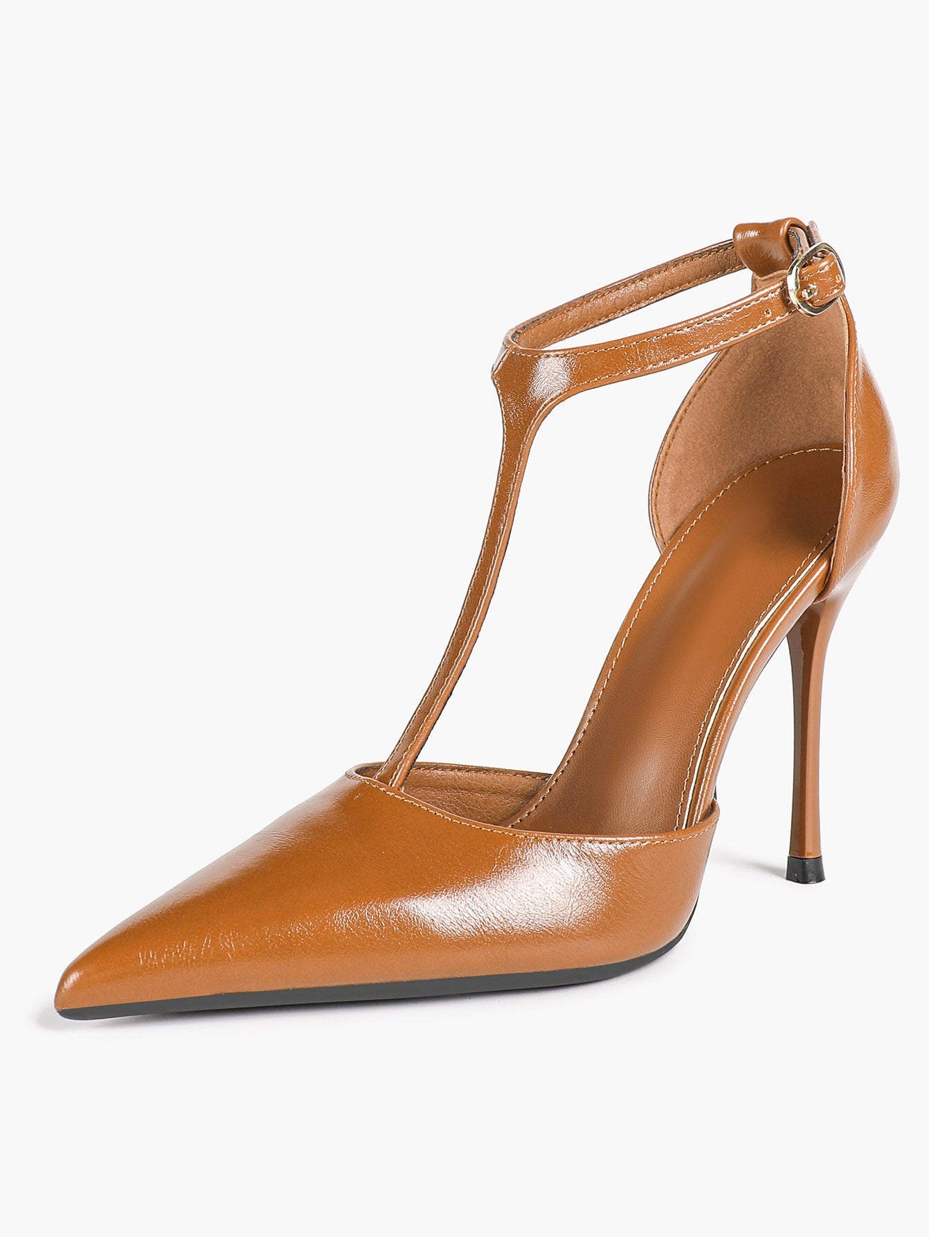 Brown Patent Leather Pointed Toe T-Strap Stiletto Heels Office Evening Pumps