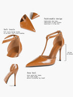 Brown Patent Leather Pointed Toe T-Strap Stiletto Heels Office Evening Pumps