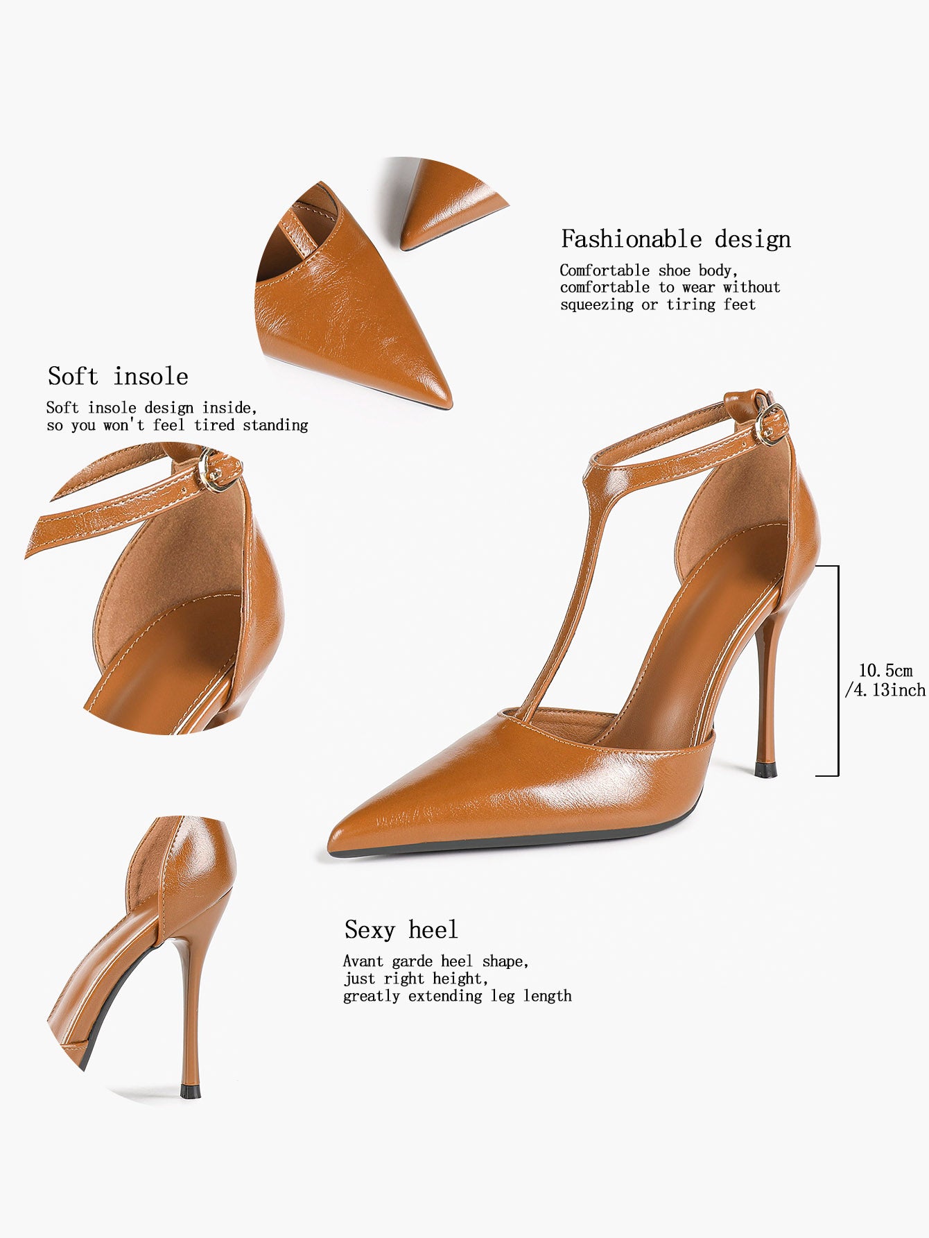 Brown Patent Leather Pointed Toe T-Strap Stiletto Heels Office Evening Pumps