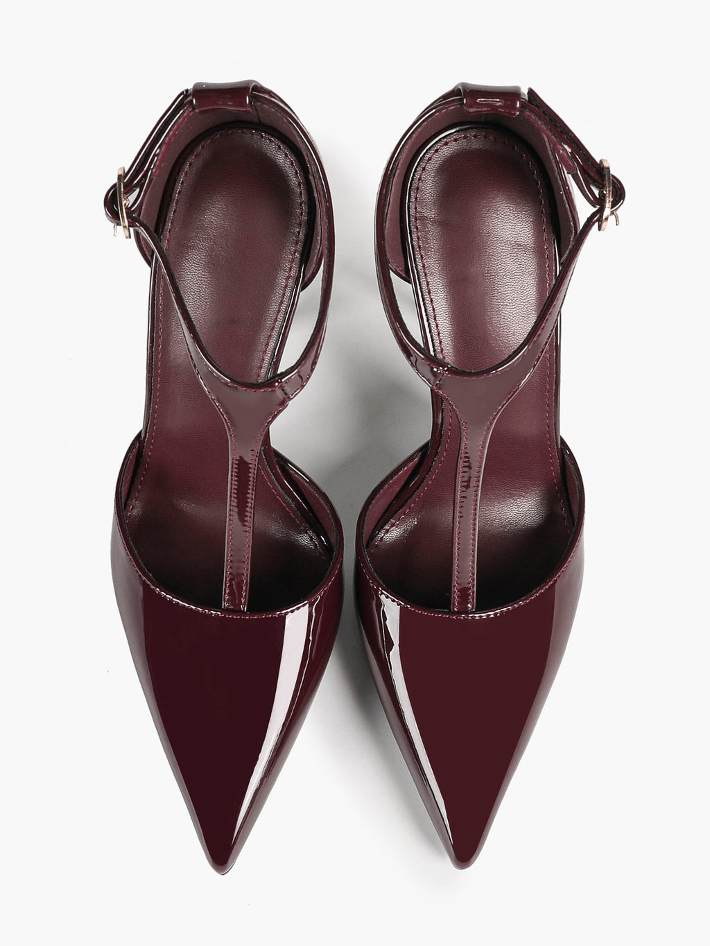 Brown Patent Leather Pointed Toe T-Strap Stiletto Heels Office Evening Pumps