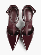 Brown Patent Leather Pointed Toe T-Strap Stiletto Heels Office Evening Pumps