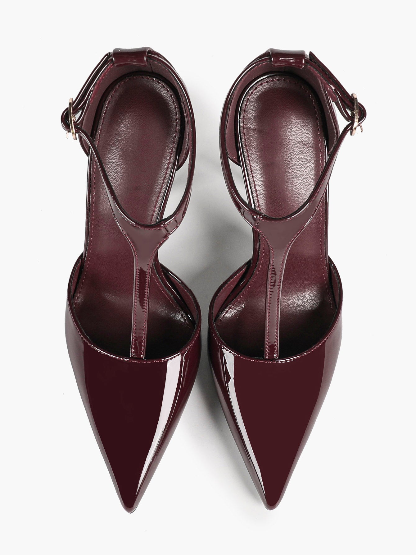 Brown Patent Leather Pointed Toe T-Strap Stiletto Heels Office Evening Pumps