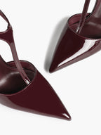 Brown Patent Leather Pointed Toe T-Strap Stiletto Heels Office Evening Pumps