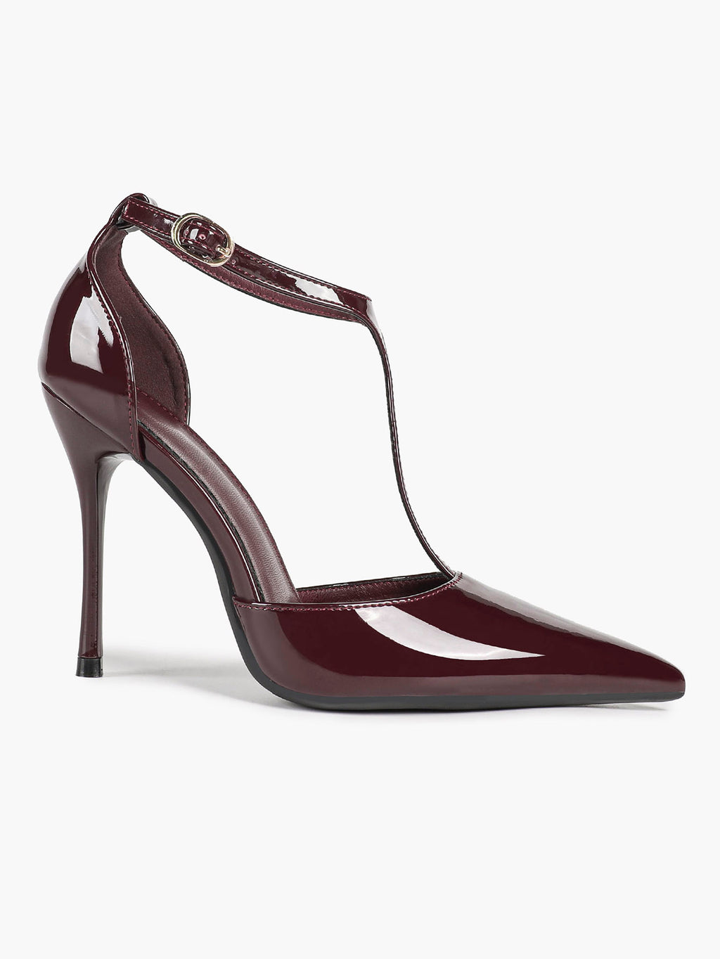 Brown Patent Leather Pointed Toe T-Strap Stiletto Heels Office Evening Pumps