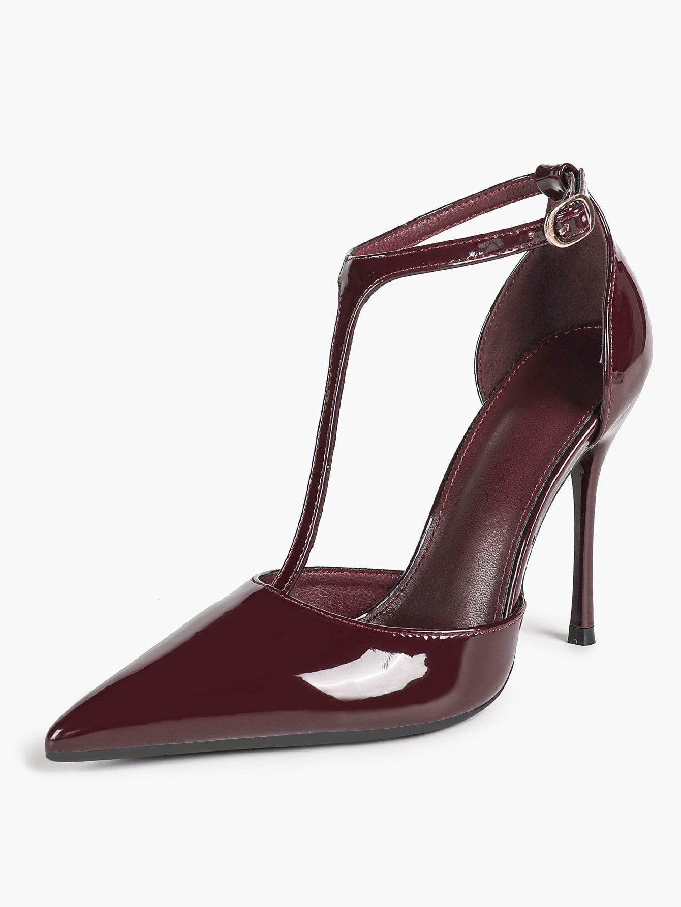 Brown Patent Leather Pointed Toe T-Strap Stiletto Heels Office Evening Pumps