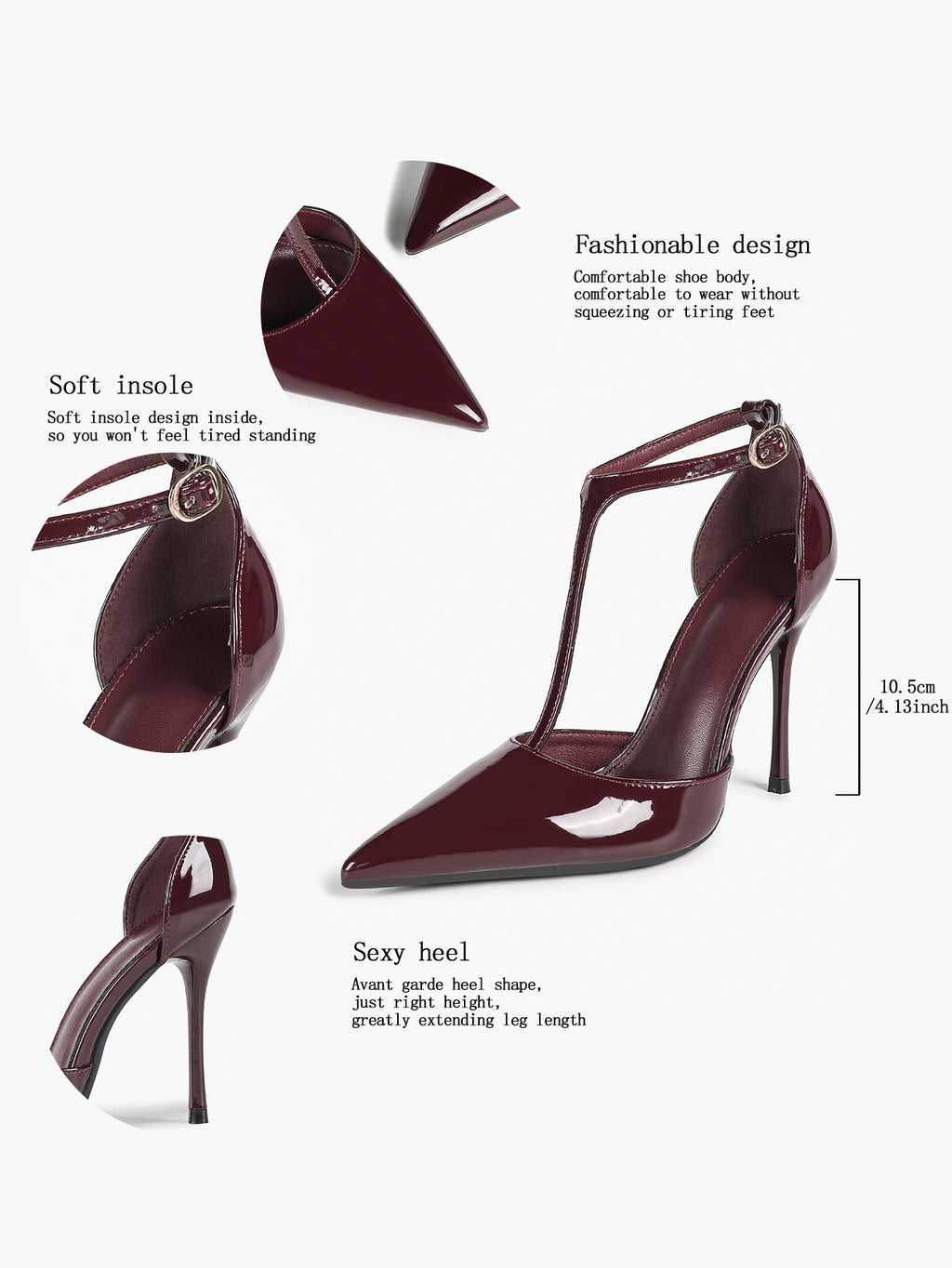 Brown Patent Leather Pointed Toe T-Strap Stiletto Heels Office Evening Pumps