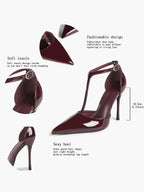 Brown Patent Leather Pointed Toe T-Strap Stiletto Heels Office Evening Pumps