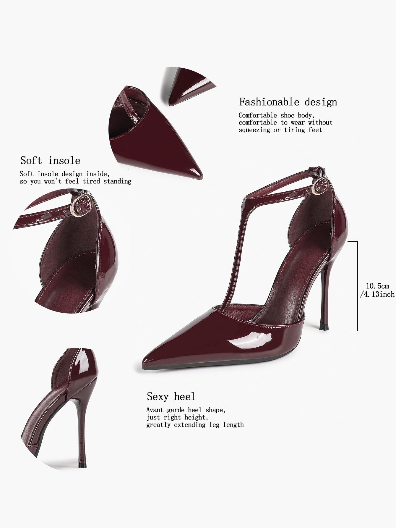 Brown Patent Leather Pointed Toe T-Strap Stiletto Heels Office Evening Pumps