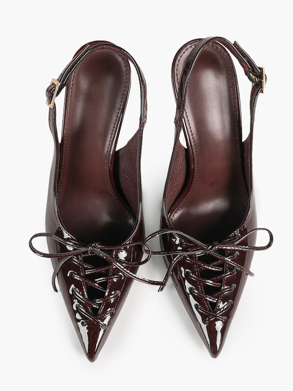 Women's Burgundy Patent Leather Lace-Up Pointed Toe Stiletto Heels with Bow Party Evening